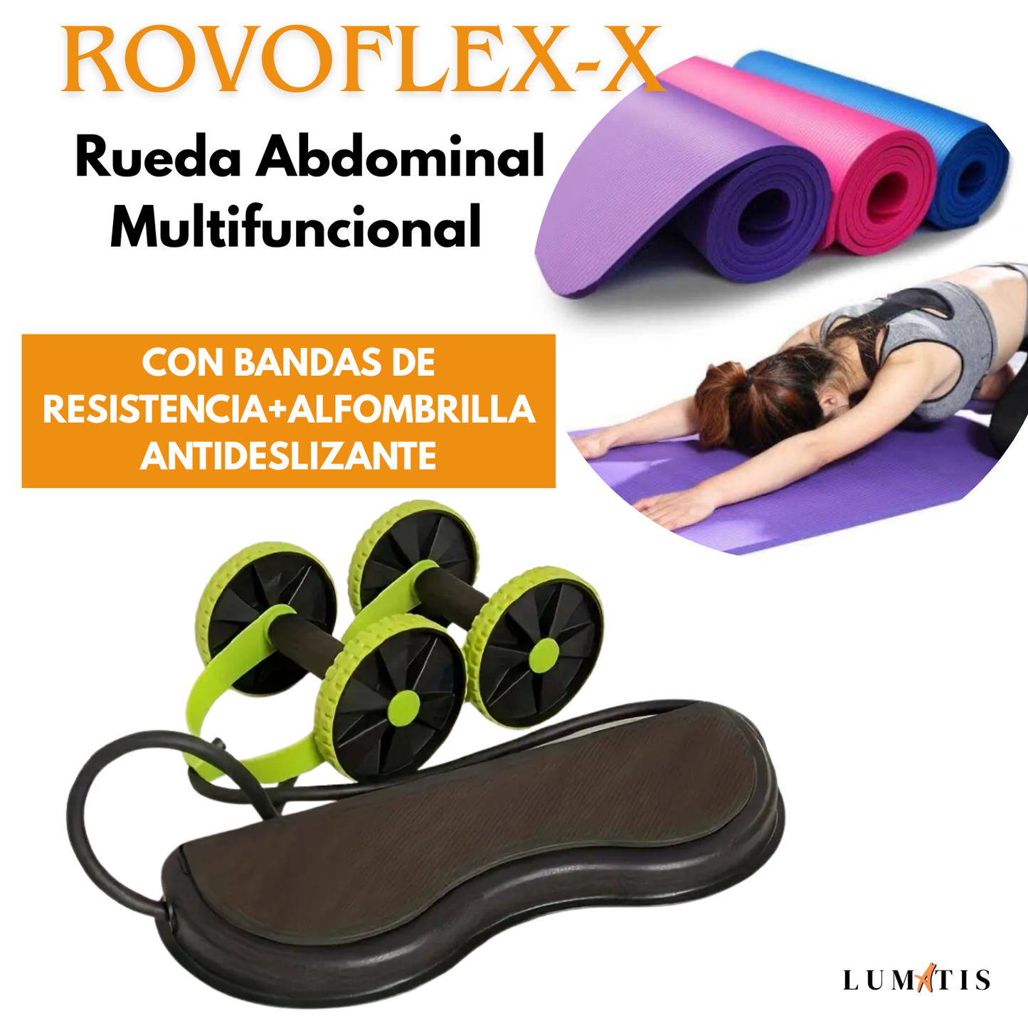 🔥 ROVOFLEX X – Rueda Abdominal Multifuncional con Bandas de Resistencia + Alfombrilla Antideslizante 🏋🏻♀️