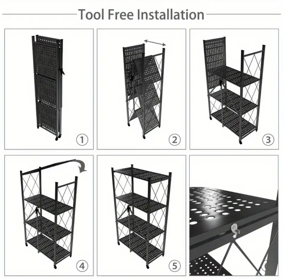 Estante Organizador Plegable de Metal 5 Niveles con Ruedas – Ahorra Espacio al Instante