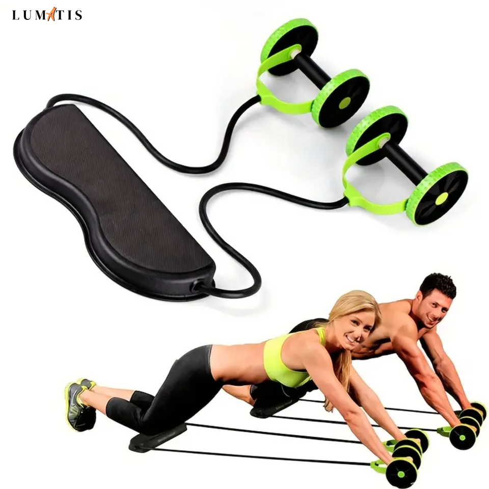 🔥 ROVOFLEX X – Rueda Abdominal Multifuncional con Bandas de Resistencia + Alfombrilla Antideslizante 🏋🏻‍♀️