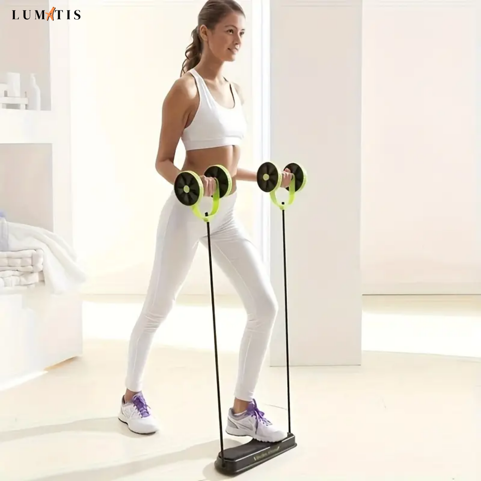 🔥 ROVOFLEX X – Rueda Abdominal Multifuncional con Bandas de Resistencia + Alfombrilla Antideslizante 🏋🏻‍♀️